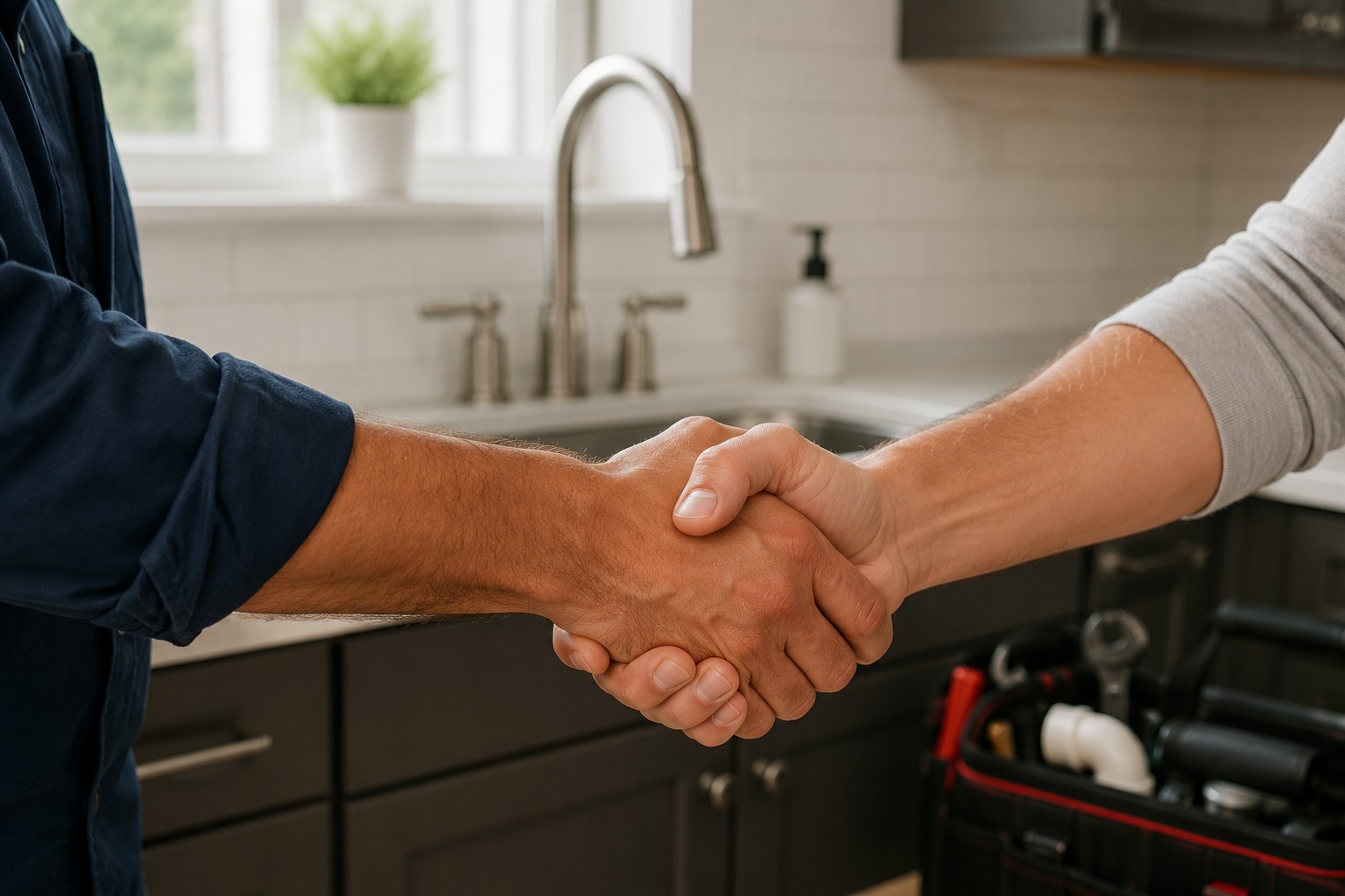 Fontana Plumbing technician shaking hands with a homeowner after discussing a plumbing project