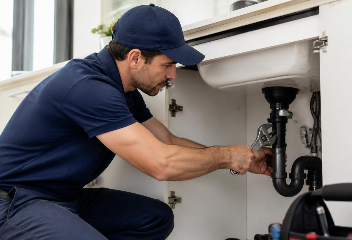 Fontana Plumbing technician repairing drain pipes under a kitchen sink