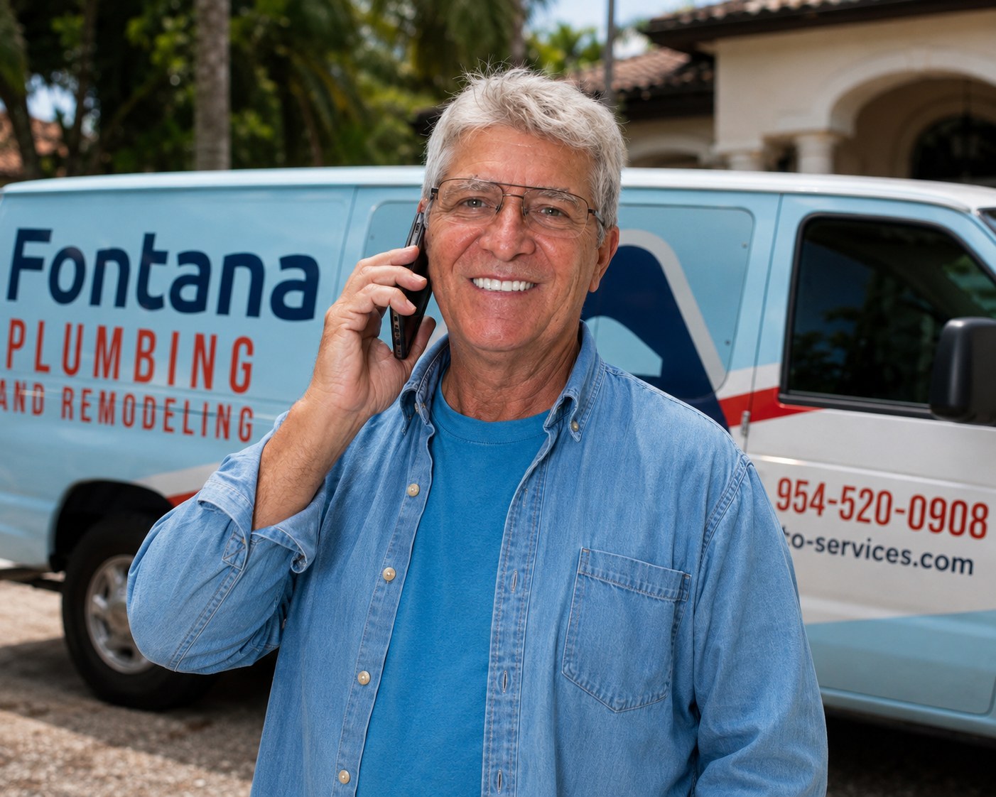 Tony Fontana on the phone next to the Fontana Plumbing and Remodeling service van