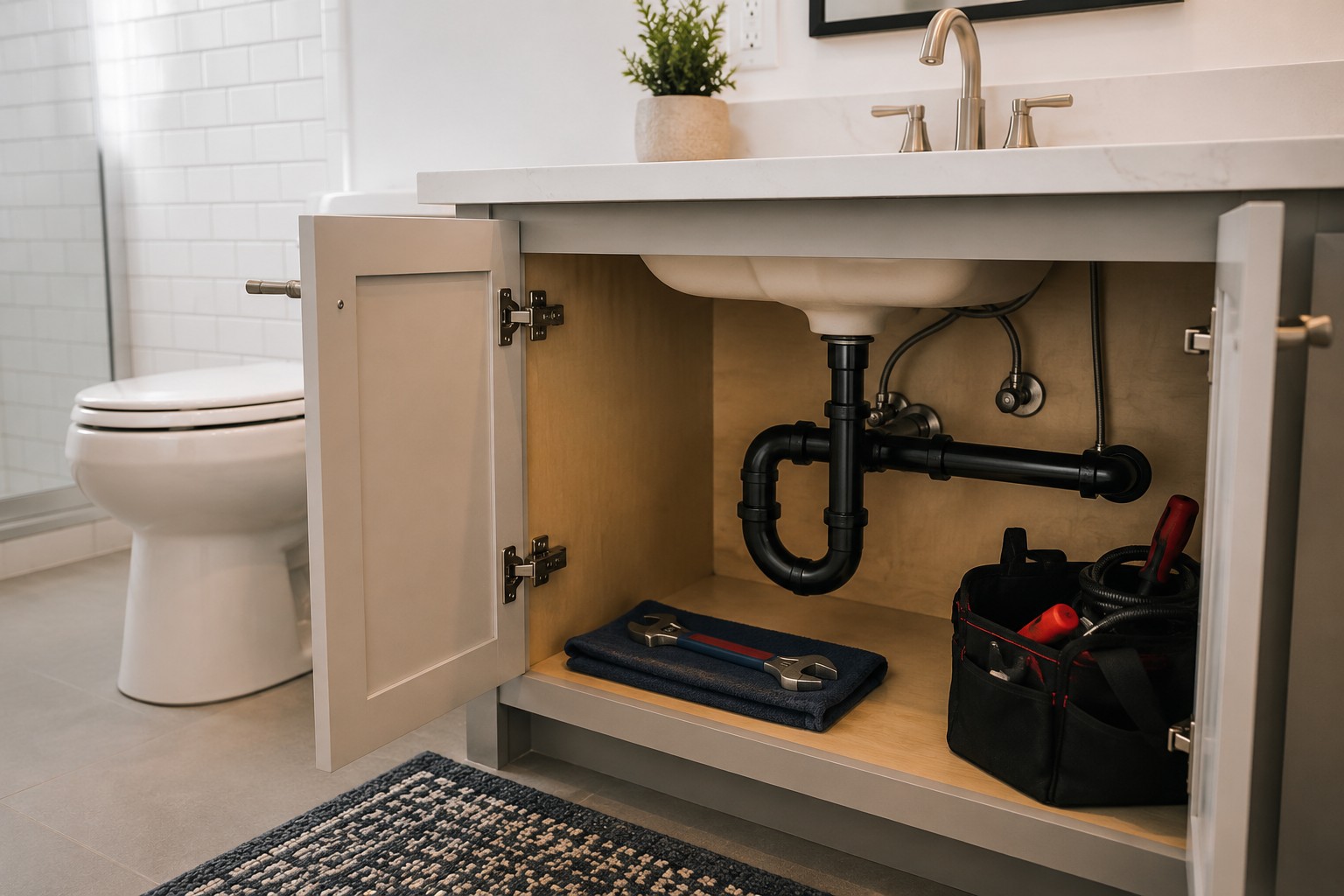 Modern residential bathroom plumbing installed by Fontana Plumbing