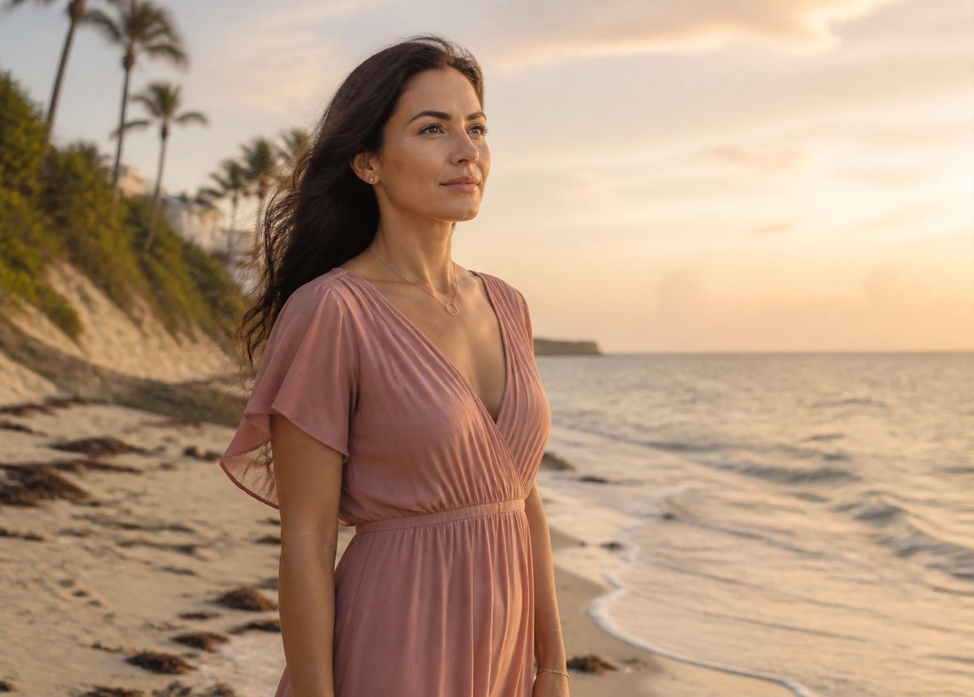 Mulher olhando o mar ao entardecer, símbolo de recomeço