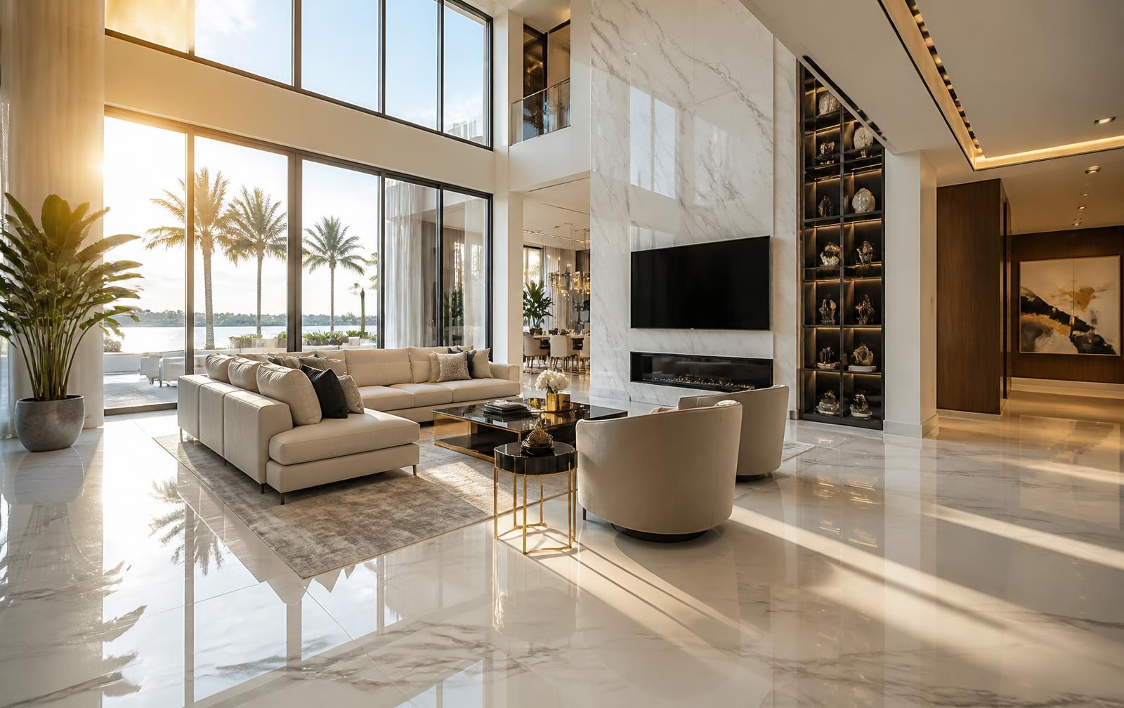 Elegant South Florida interior with polished marble floors